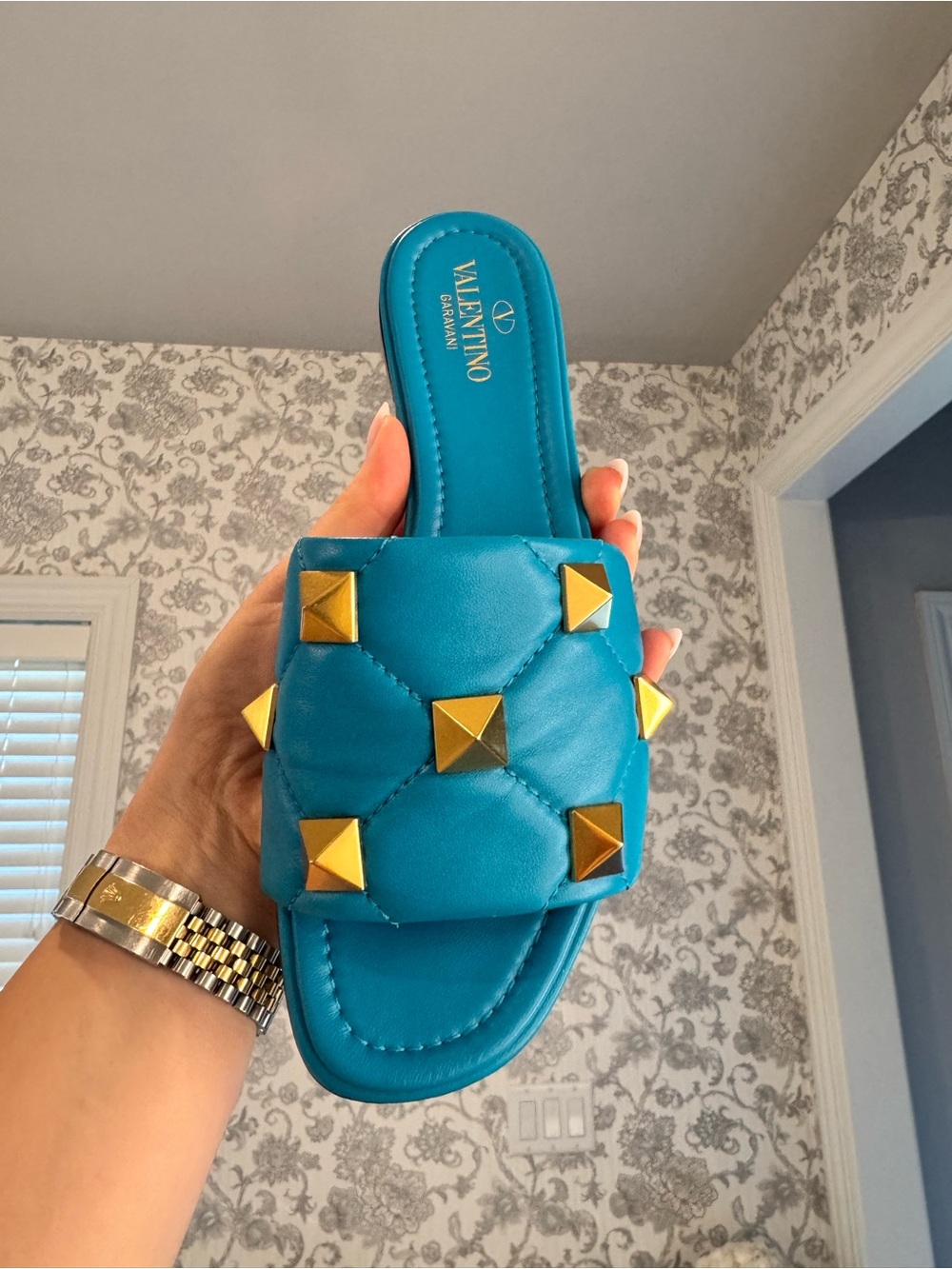 Valentino Turquoise Roman Stud Slide Sandals - Size 38 - Picture 4 of 6